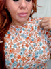 Rust & Blue Floral Print Ribbed Top With Lettuce Edge Hems