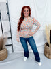 Rust & Blue Floral Print Ribbed Top With Lettuce Edge Hems
