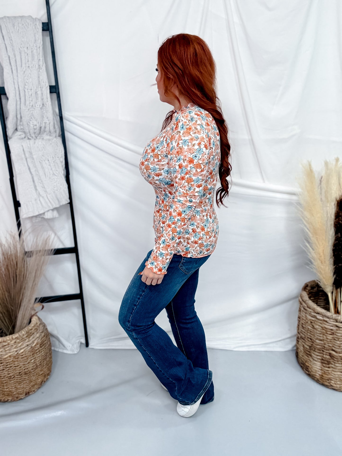 Rust & Blue Floral Print Ribbed Top With Lettuce Edge Hems