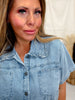 High Plains Button Down Short Sleeve Denim Dress With Ruffled Collar