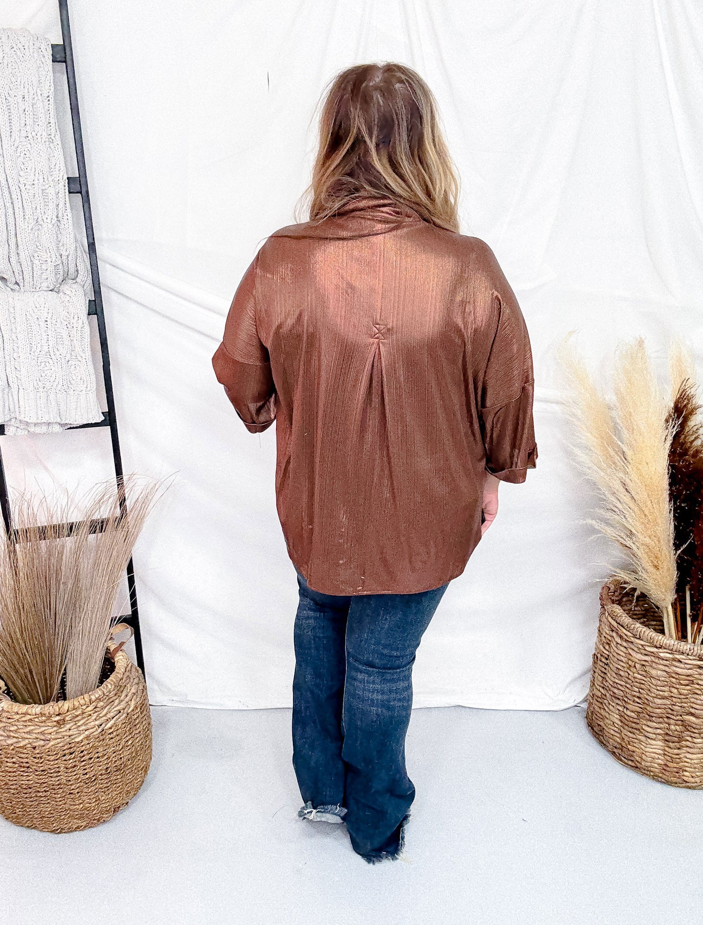 Shimmery Sparkling Button Front Top In Cocoa