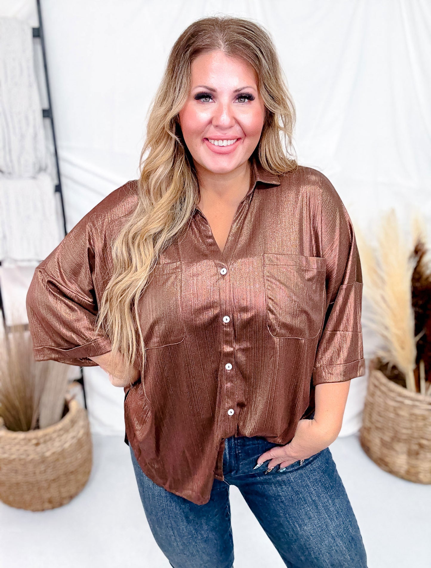 Shimmery Sparkling Button Front Top In Cocoa