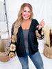 Black Sweater Cardigan With Brown Crochet Puff Sleeves