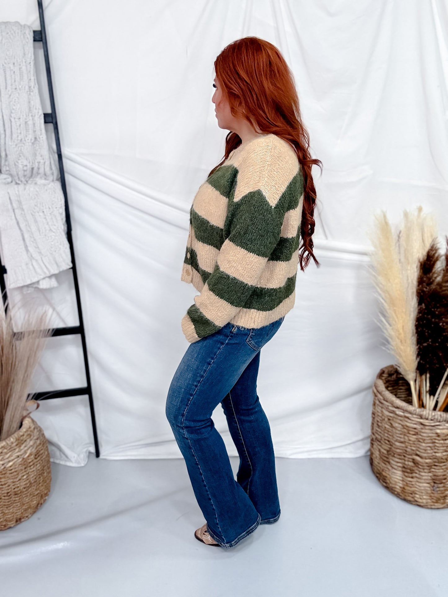 Olive & Sand Striped Button Front Fuzzy Sweater Cardigan