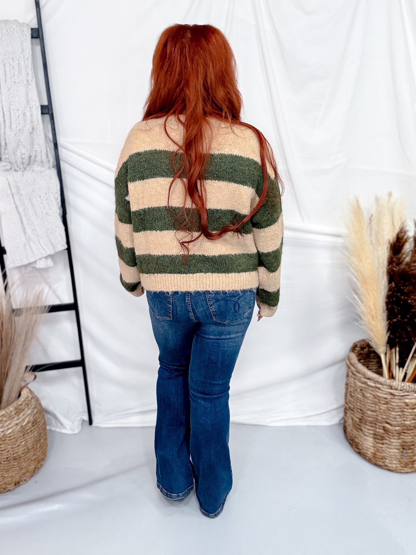 Olive & Sand Striped Button Front Fuzzy Sweater Cardigan