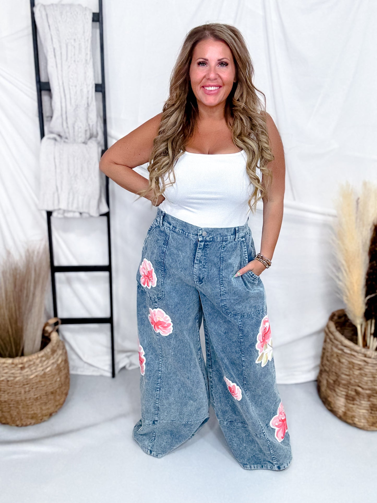 Washed Corduroy Wide Leg Pants With Rose Patches
