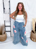 Washed Corduroy Wide Leg Pants With Rose Patches