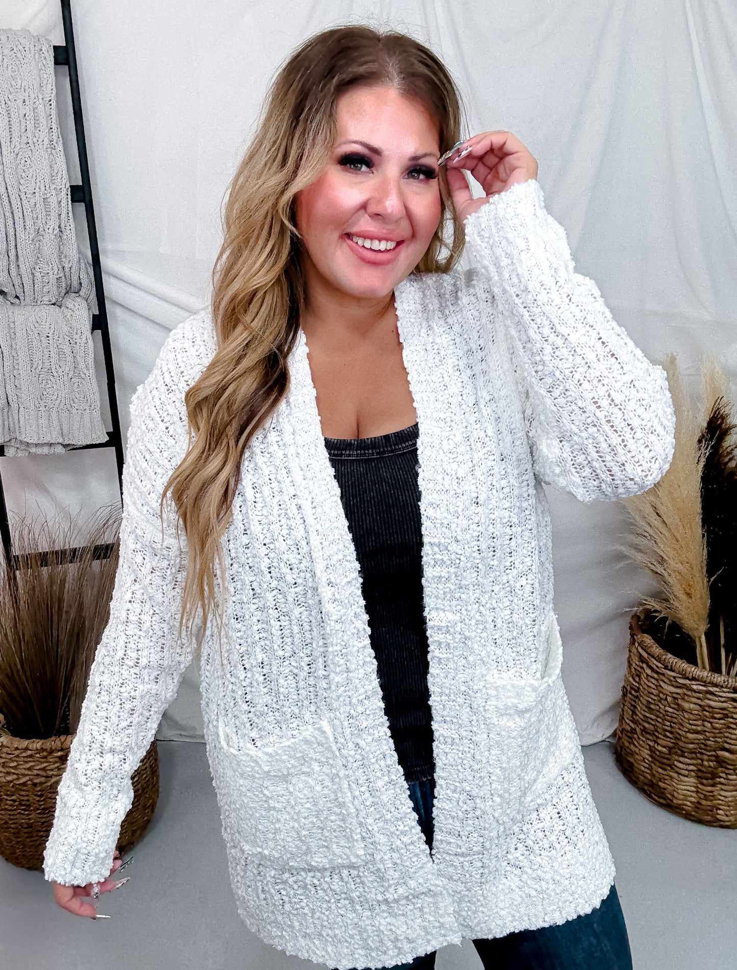 Off White Ribbed Long Sleeve Popcorn Cardigan W/ Pockets