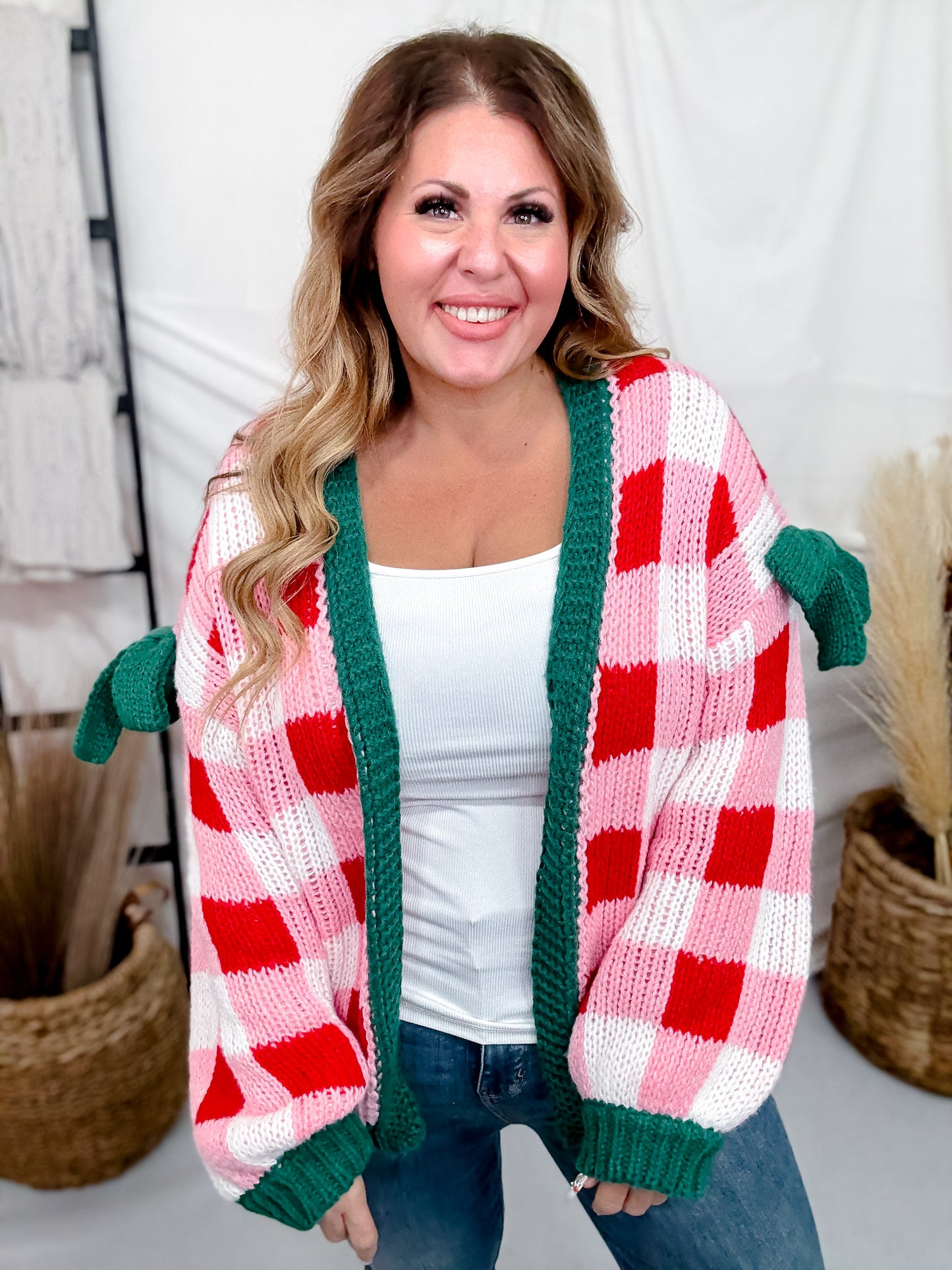 Christmas Theme Open Sweater Cardigan W/ Ribbon Detail