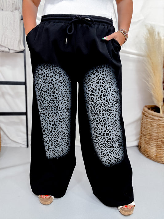 Black Wide Leg Lounge Pants With Leopard Fade & Rhinestones