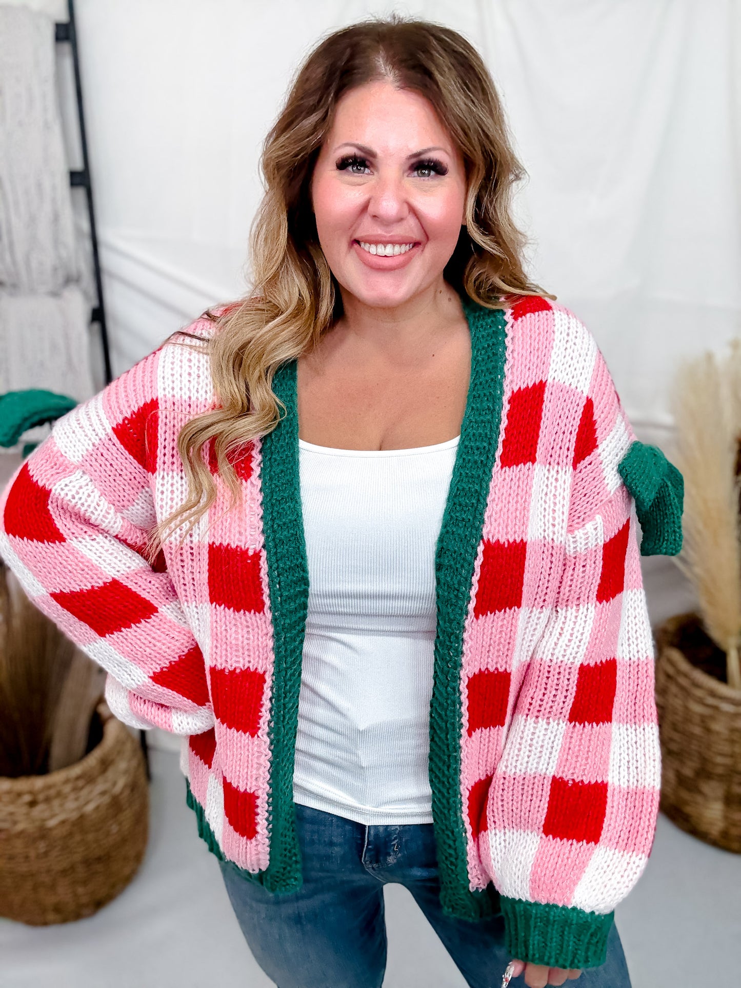 Christmas Theme Open Sweater Cardigan W/ Ribbon Detail