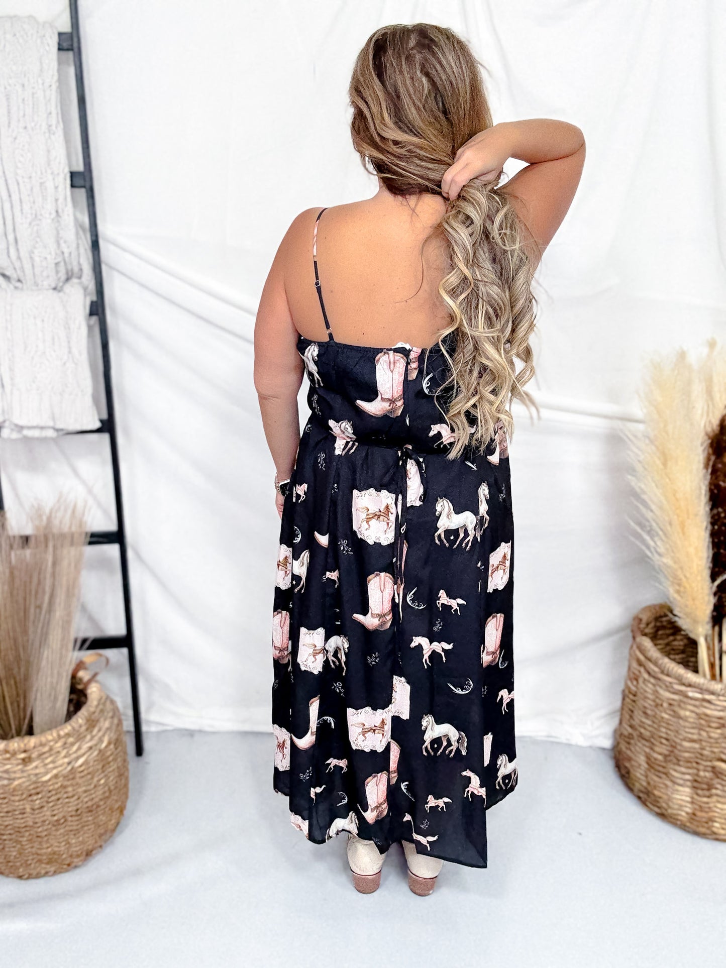 Western Horse Print Midi Dress With Drop Waist