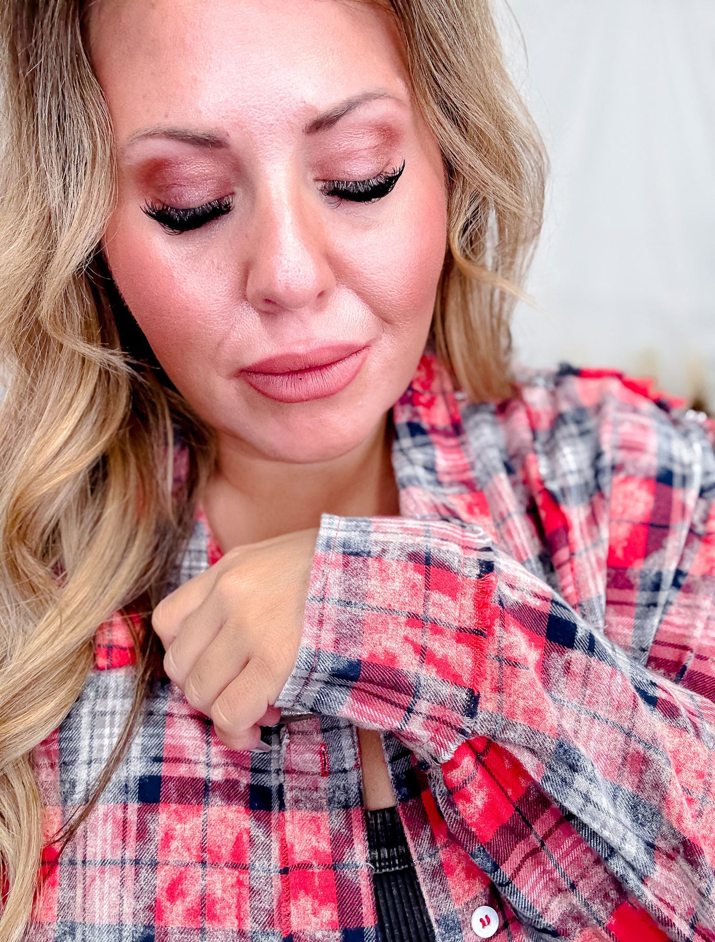 Bleach Distressed Red Plaid Hi-Lo Flannel
