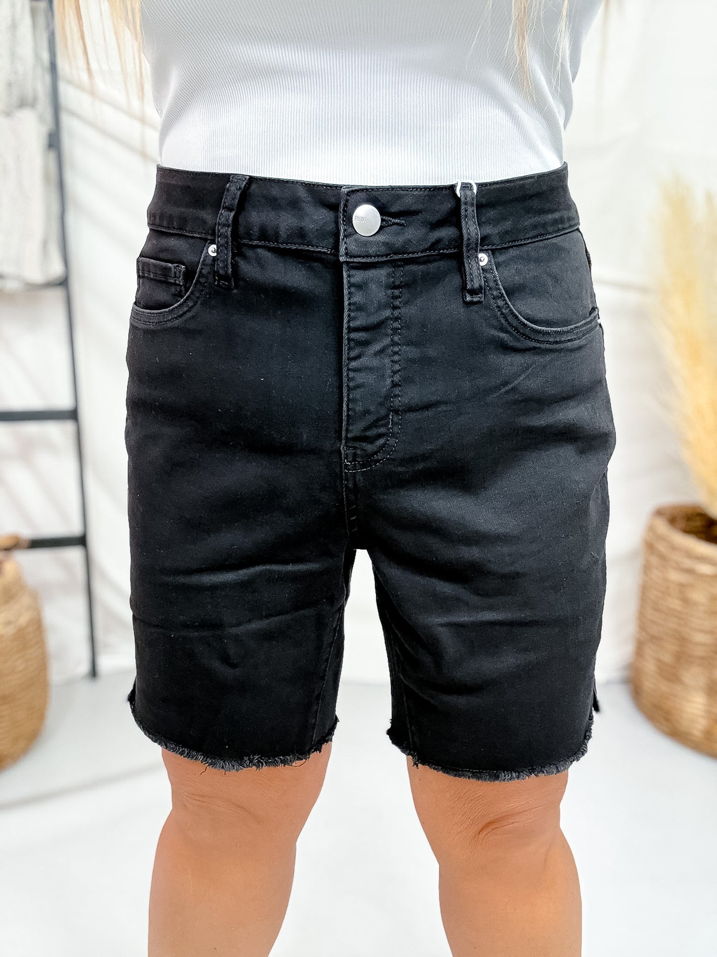 RFM Black High Waist Frayed Hem Bermuda Shorts