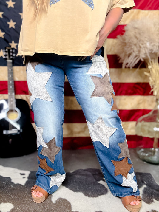 Washed Pu Leather Star Patched Jeans