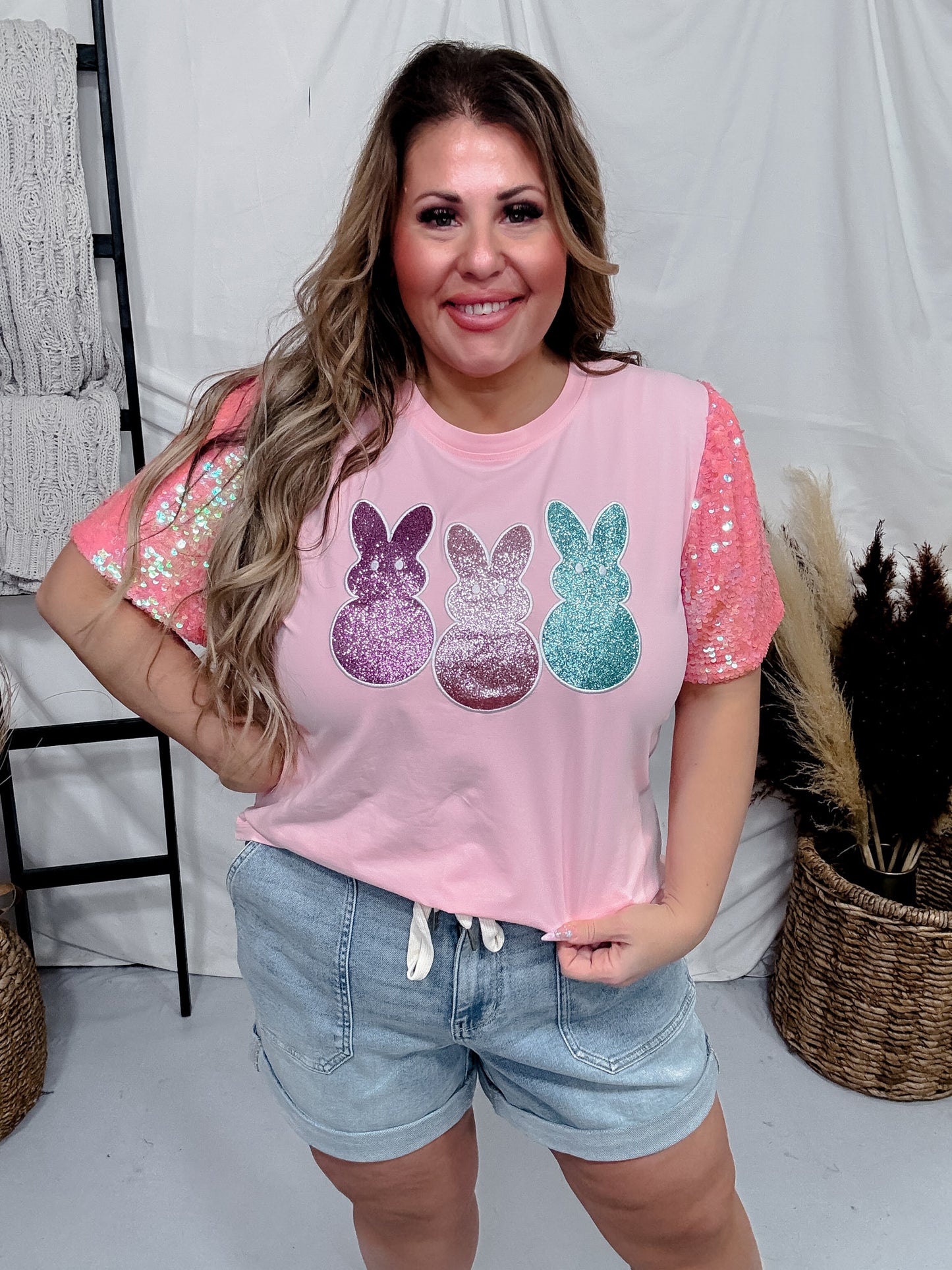 Sequin Short Sleeve Top W/ Bunny Patches