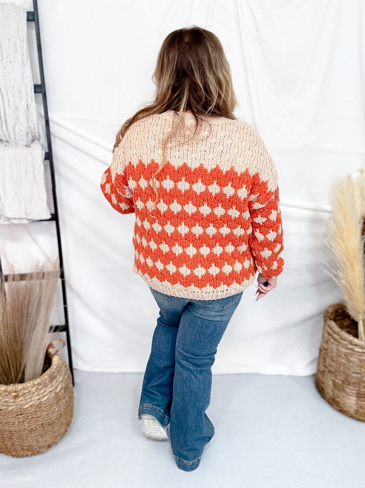 Orange & Beige Textured Button Up Sweater Cardigan