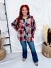 Wine & Navy Plaid Button Down Top With Shirred Back