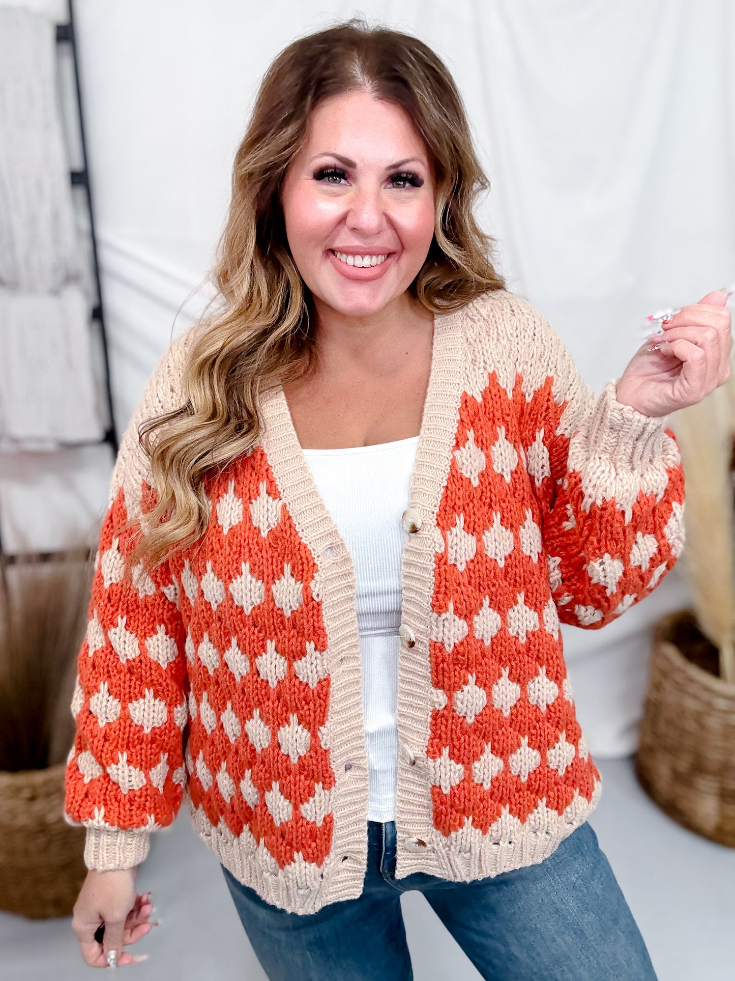 Orange & Beige Textured Button Up Sweater Cardigan