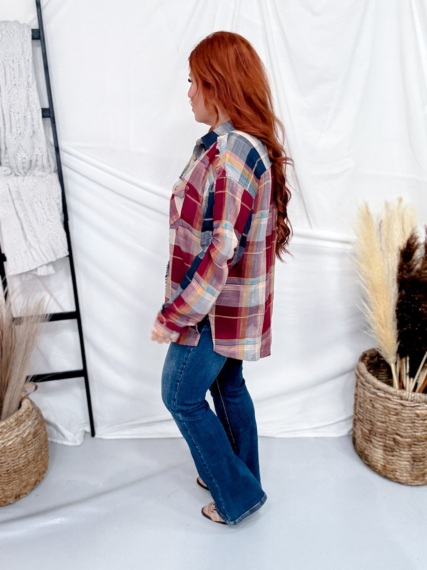 Wine & Navy Plaid Button Down Top With Shirred Back
