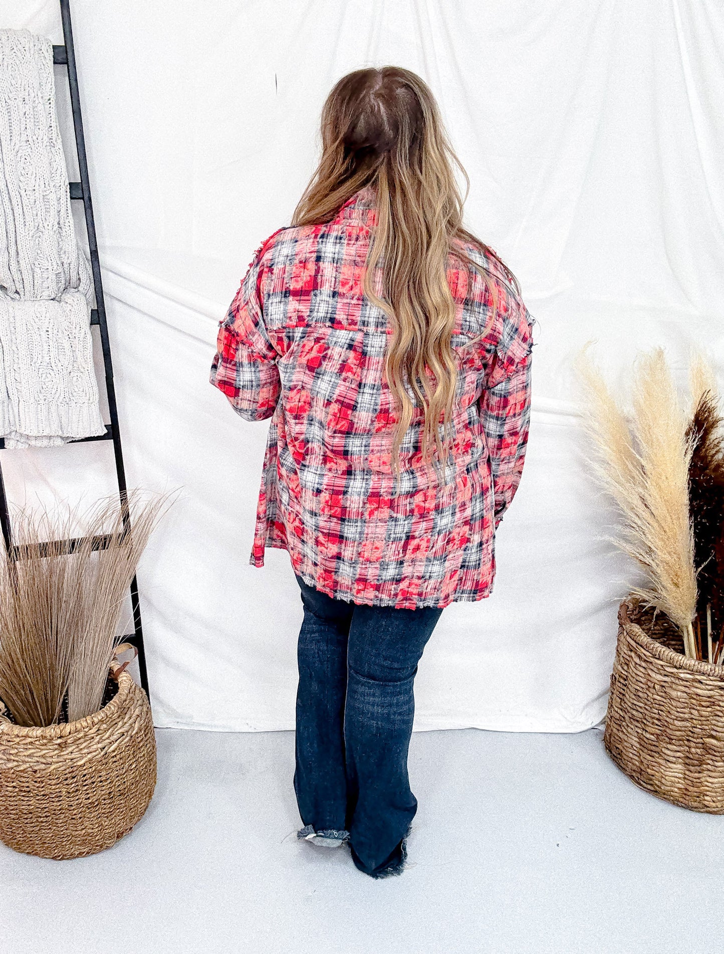Bleach Distressed Red Plaid Hi-Lo Flannel