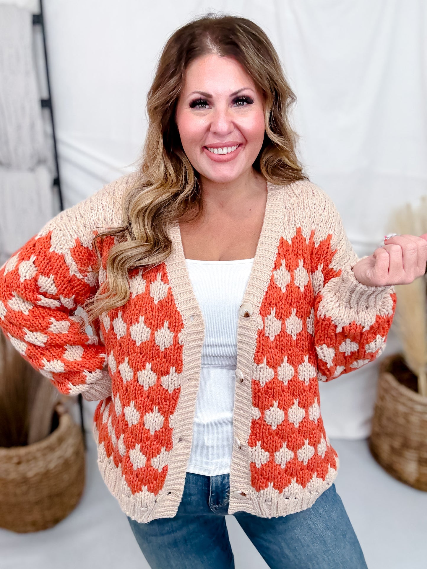 Orange & Beige Textured Button Up Sweater Cardigan