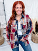 Wine & Navy Plaid Button Down Top With Shirred Back