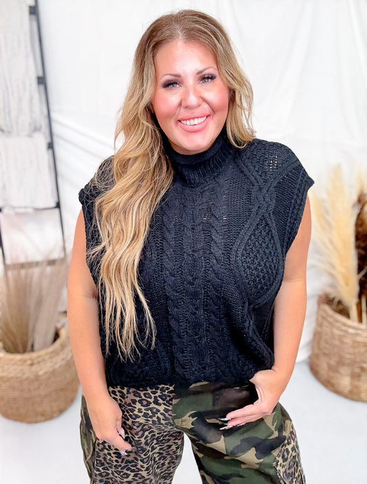 Cable Knit Mock Neck Top In Black