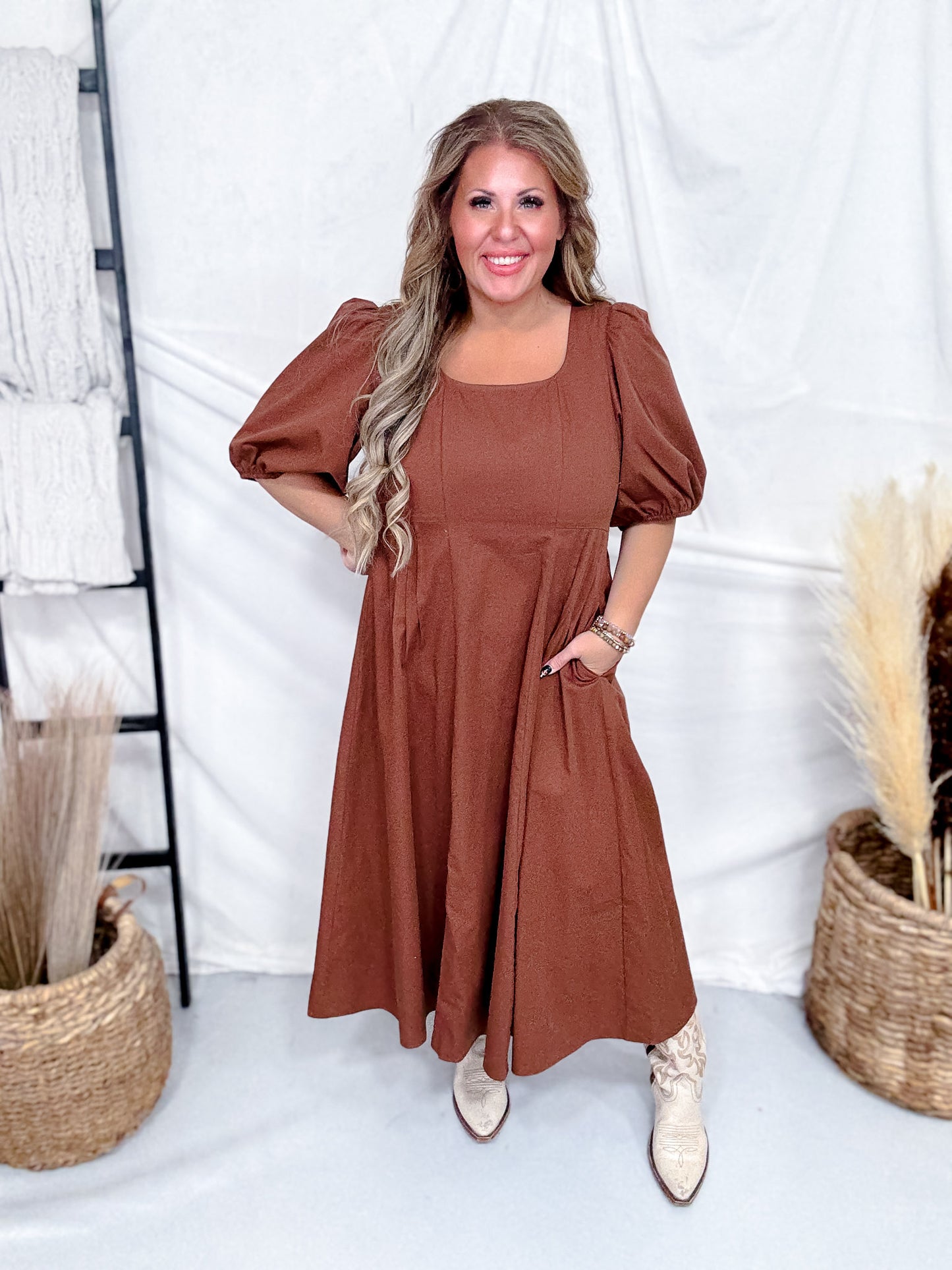 Chocolate Brown Midi Dress With 3/4 Puff Sleeves