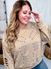 Mocha Distressed Sweatshirt W/ Studding Detail & Knit Liner