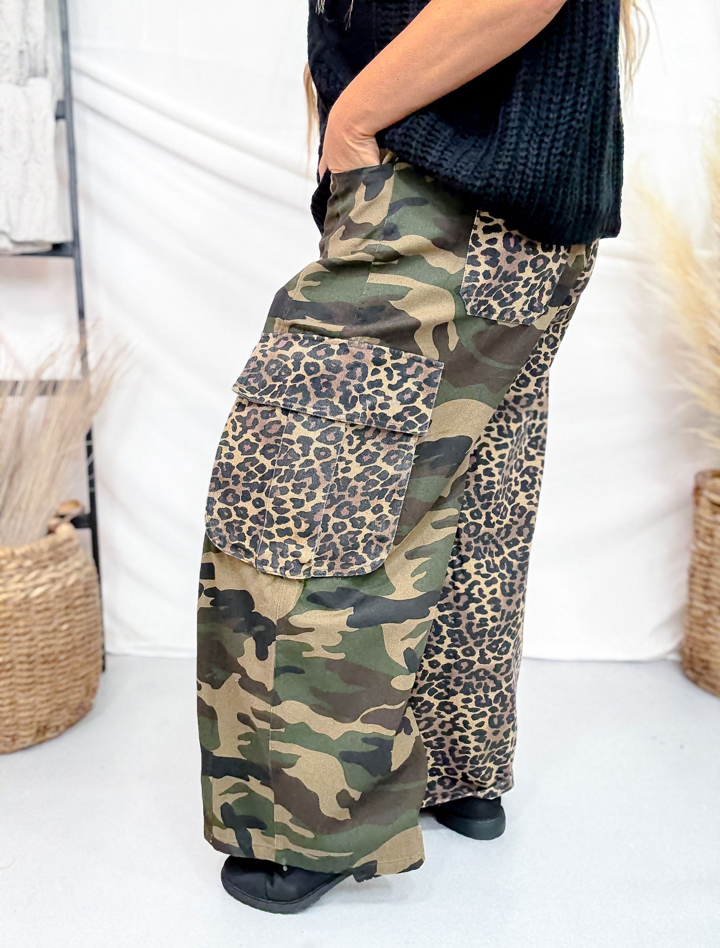 Mixed Print Leopard and Camo Cargo Pants