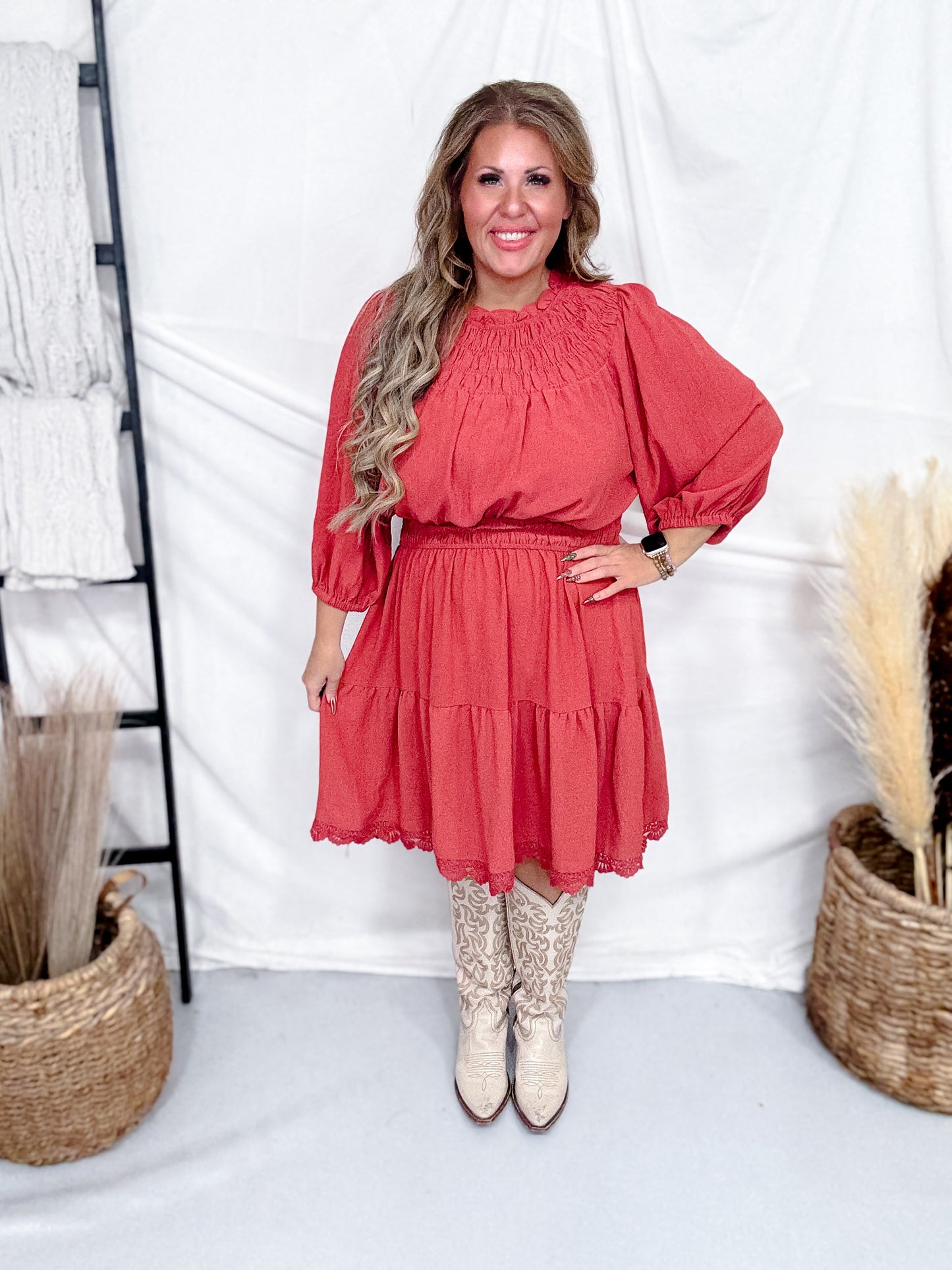 Garnet Rose Dress With Lace Trim & Ruffled Neckline