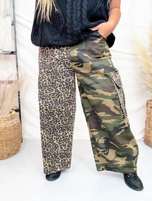 Mixed Print Leopard and Camo Cargo Pants