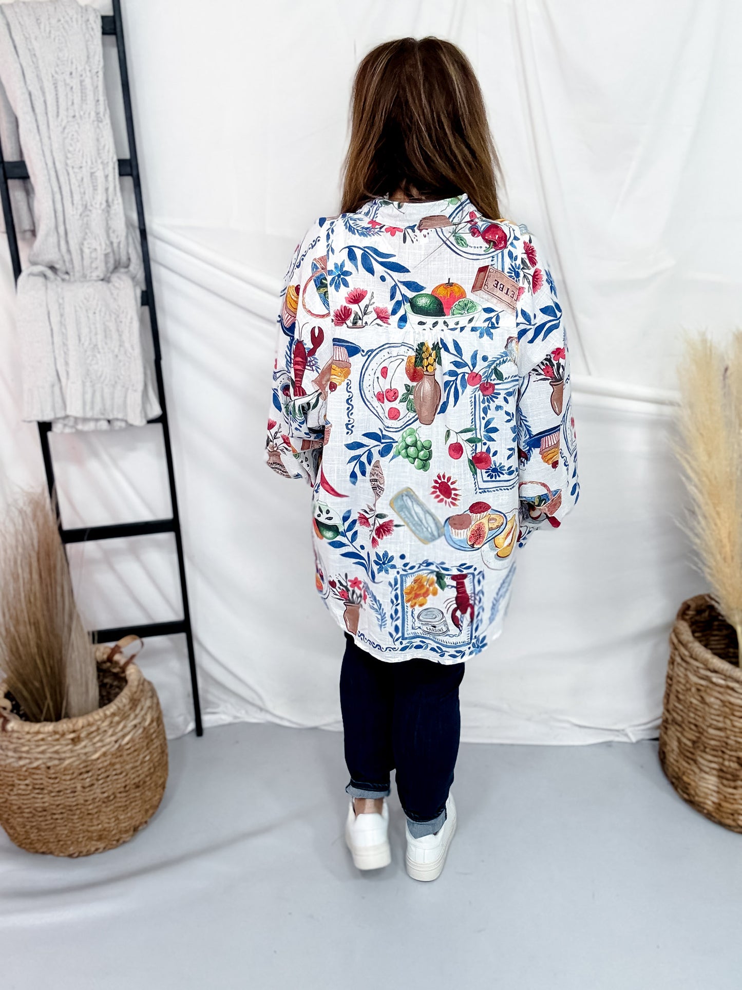 White Linen Button Down Top With Artistic Food Print