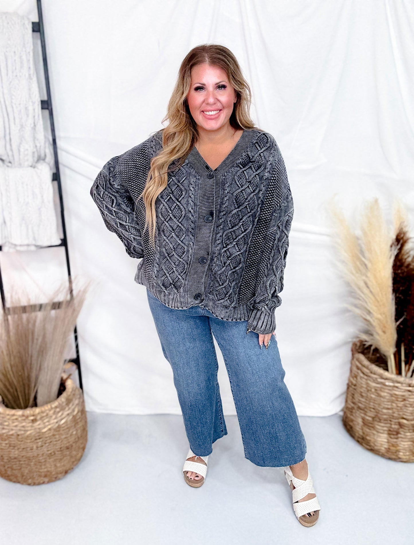 Washed Vintage Cable Knit Charcoal Cardigan