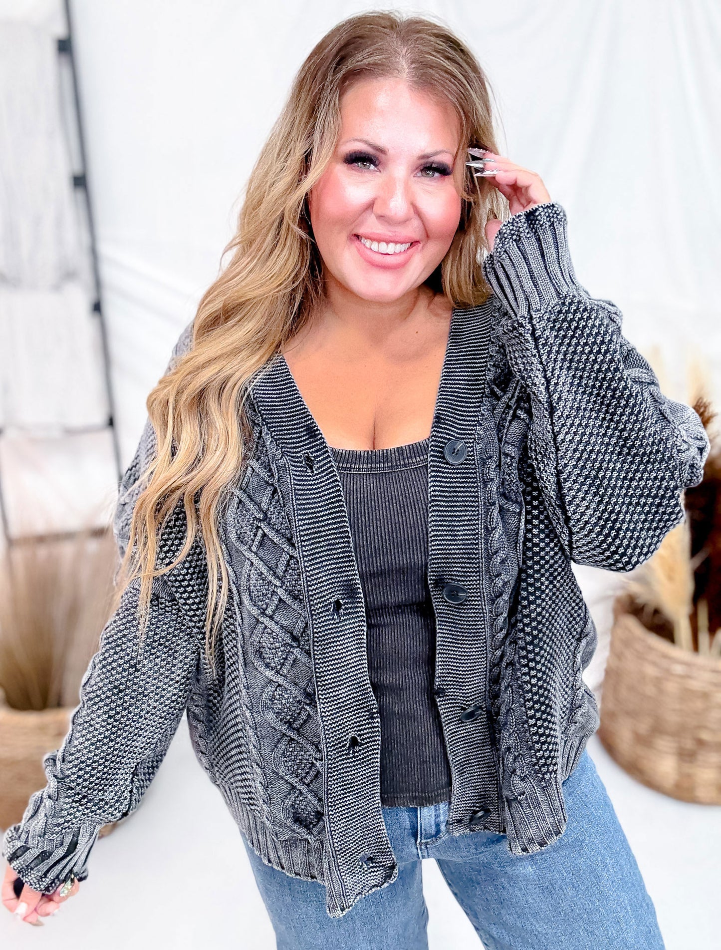 Washed Vintage Cable Knit Charcoal Cardigan