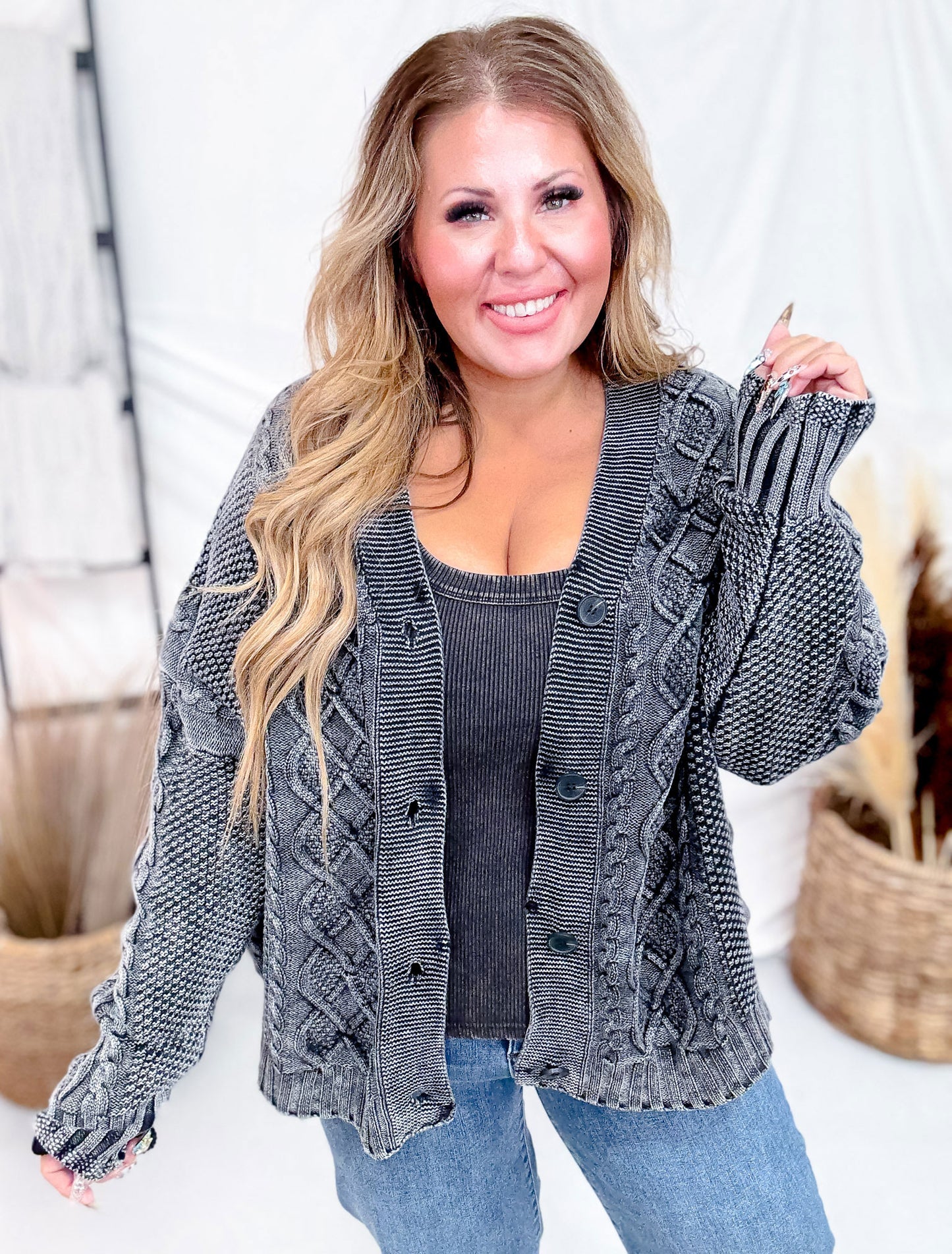 Washed Vintage Cable Knit Charcoal Cardigan