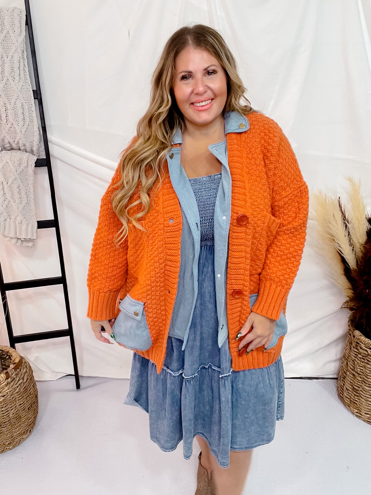 Chunky Sweater Cardigan Coat with Denim Collar and Pockets