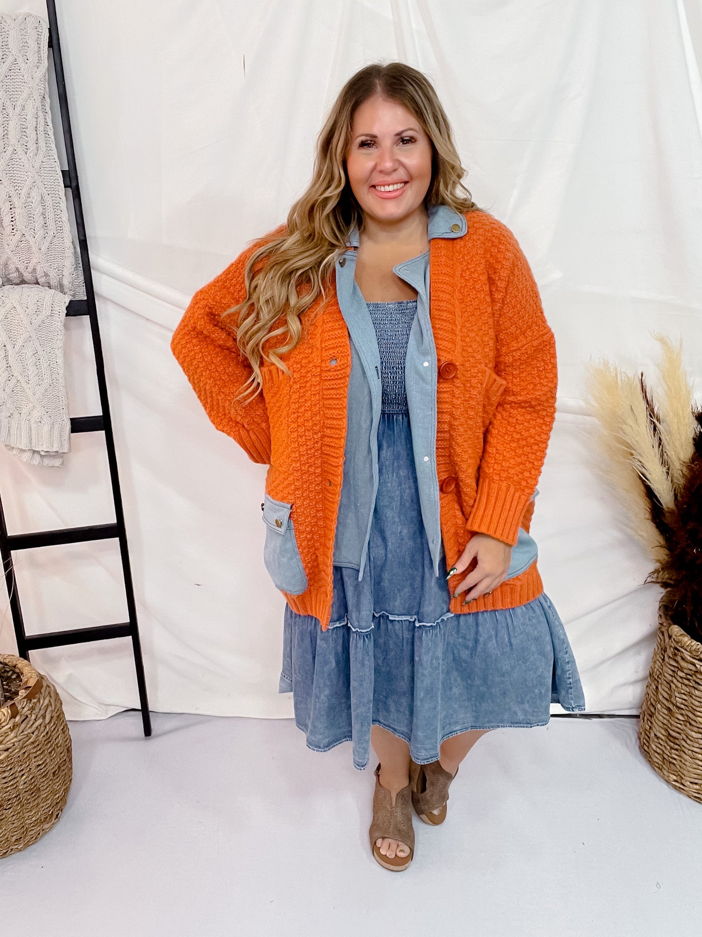Chunky Sweater Cardigan Coat with Denim Collar and Pockets