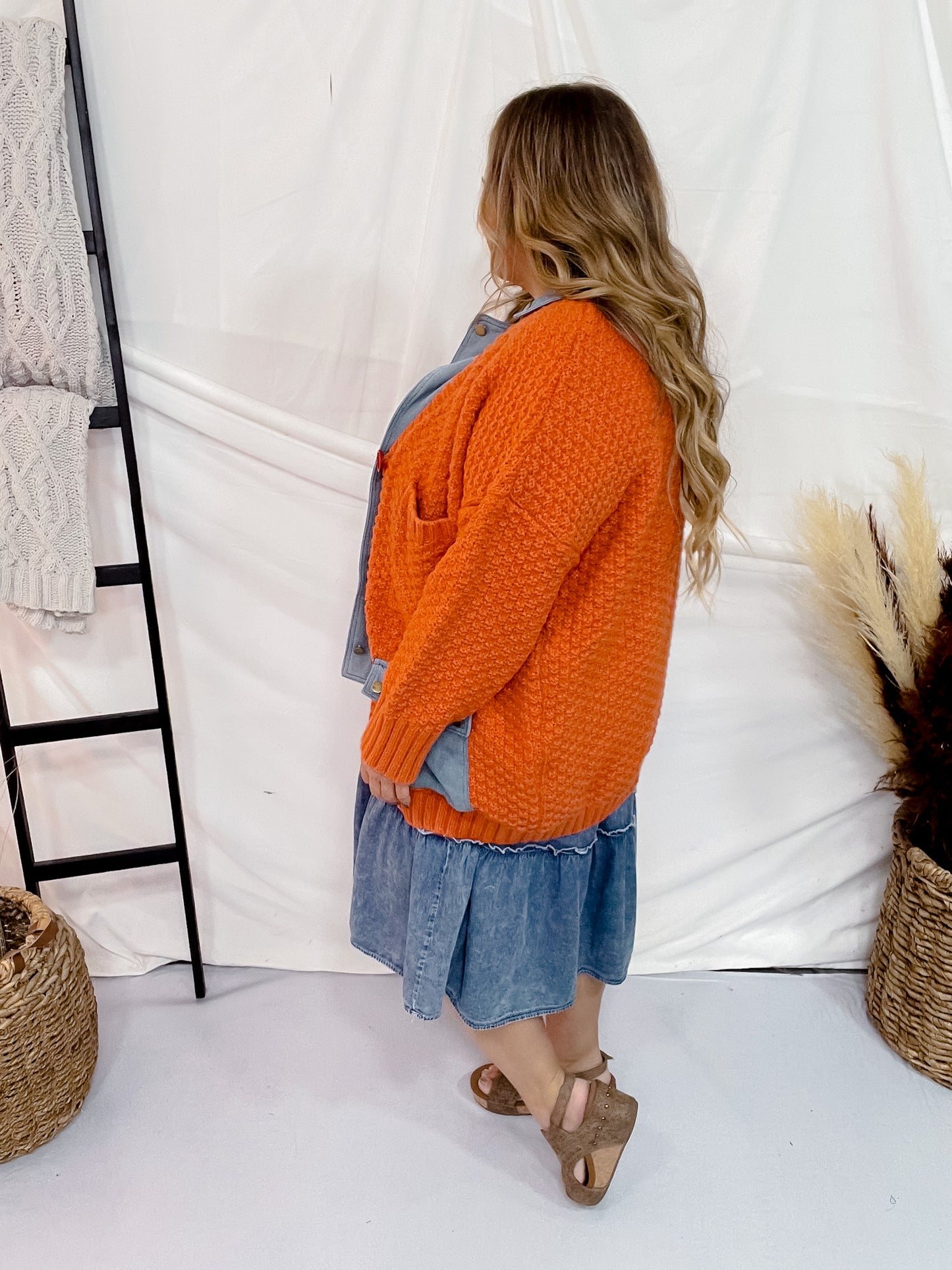 Chunky Sweater Cardigan Coat with Denim Collar and Pockets