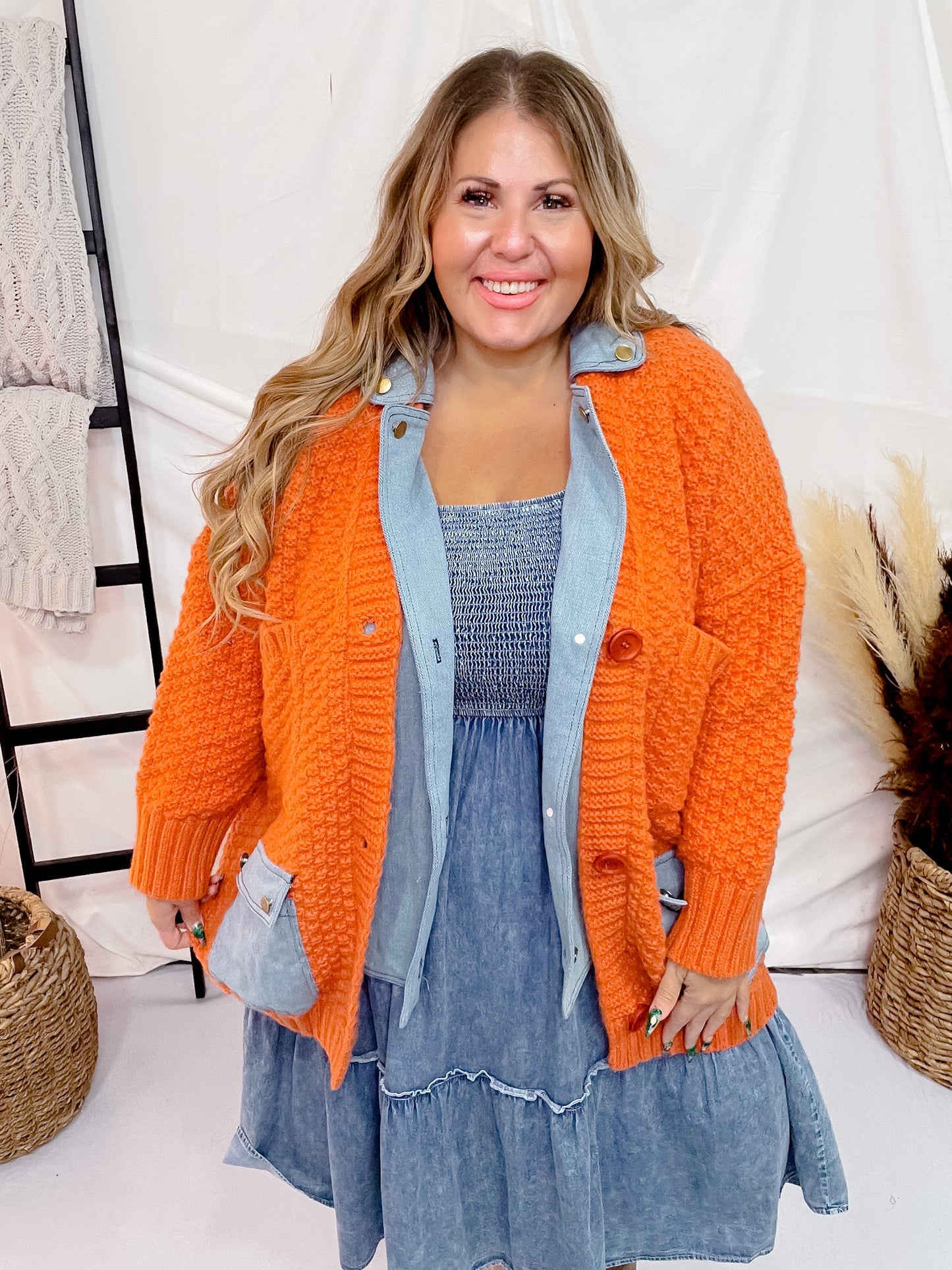 Chunky Sweater Cardigan Coat with Denim Collar and Pockets