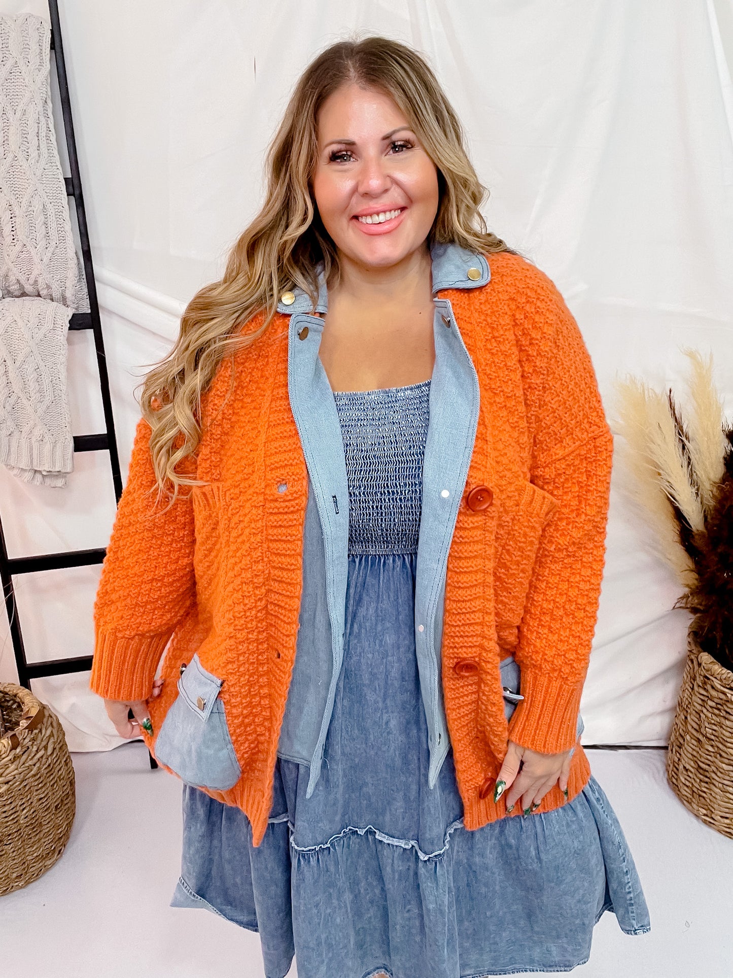 Chunky Sweater Cardigan Coat with Denim Collar and Pockets