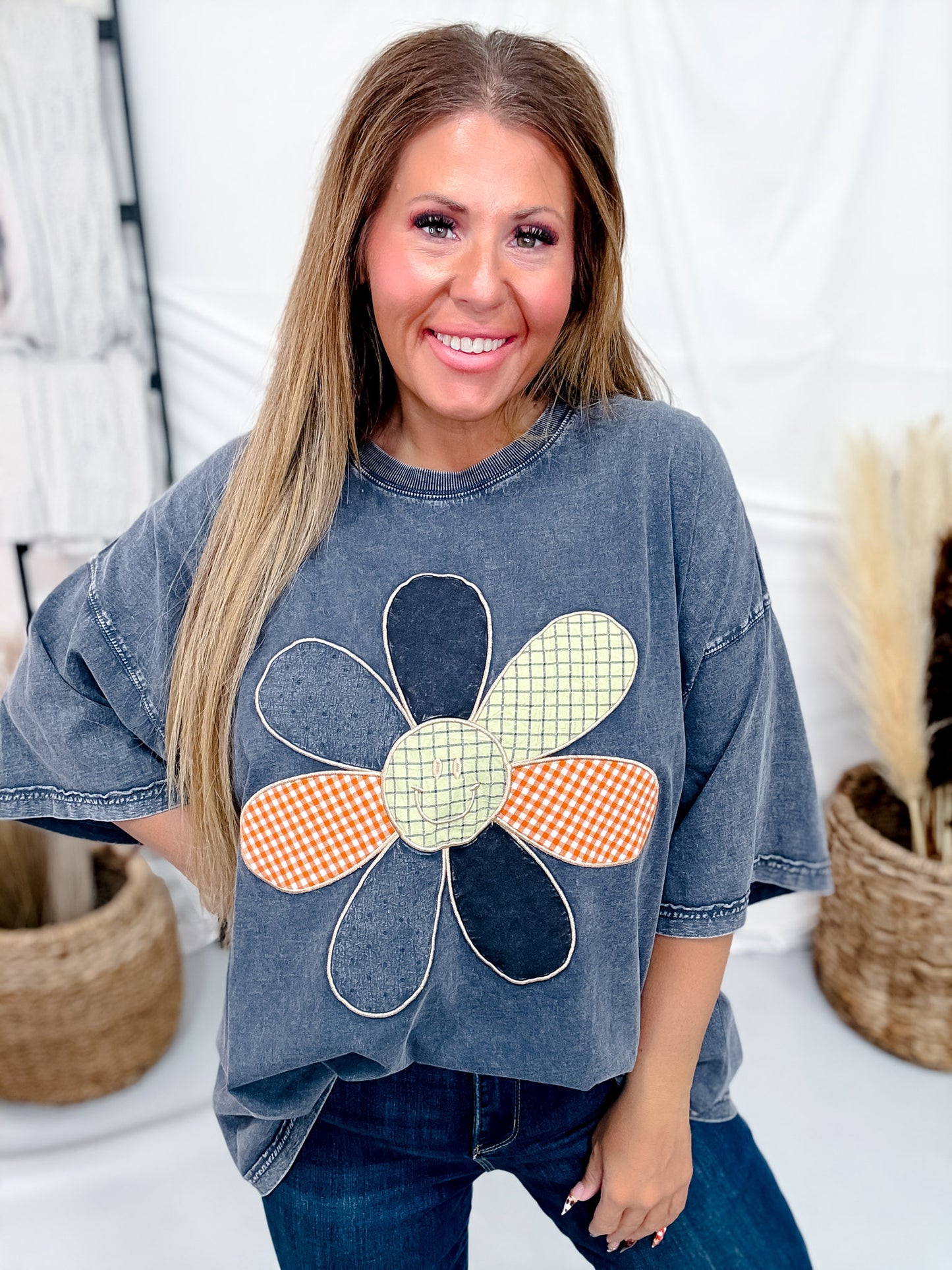 Ash Navy Mineral Washed Smiley Flower Patch Shirt