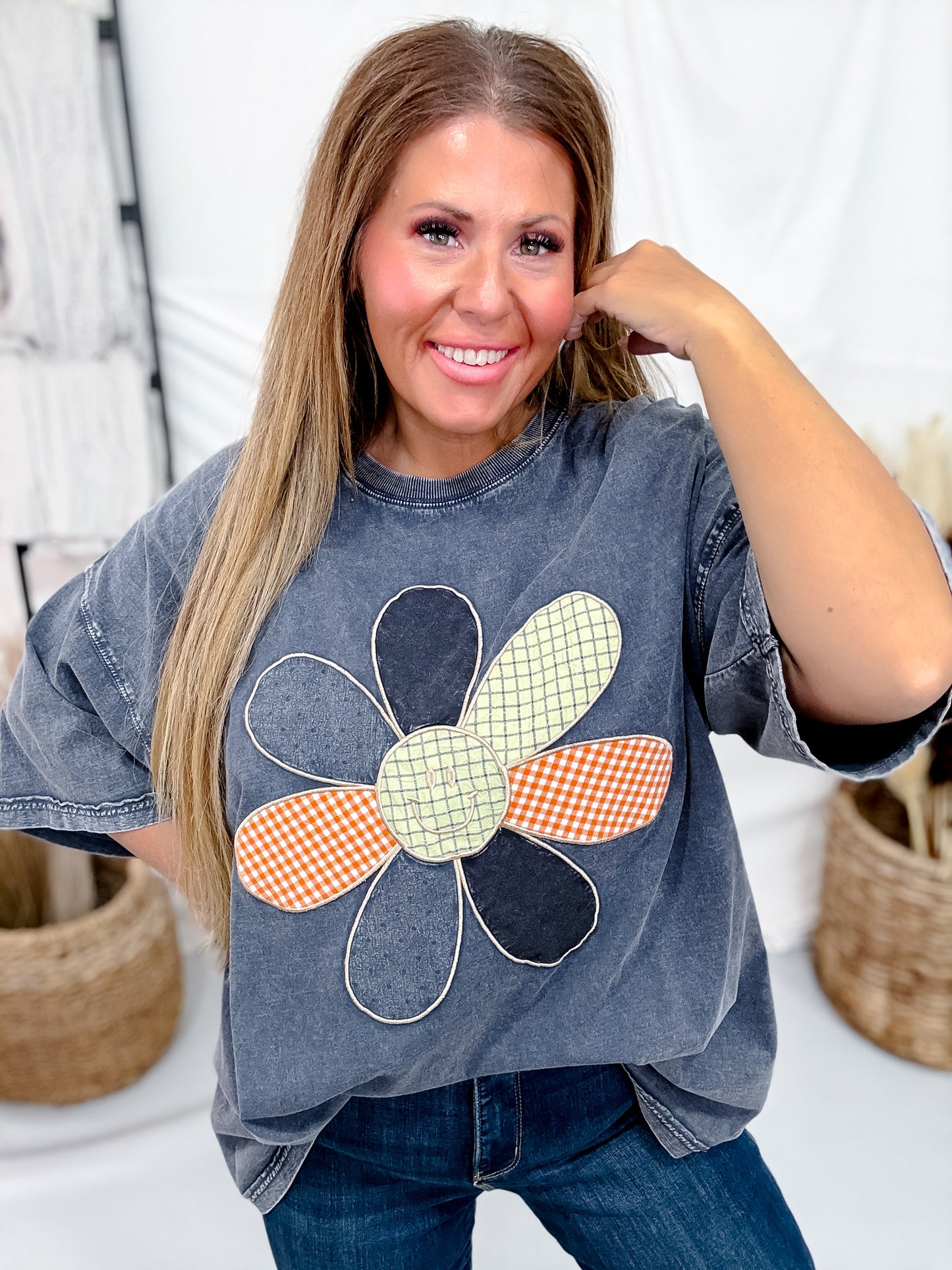 Ash Navy Mineral Washed Smiley Flower Patch Shirt