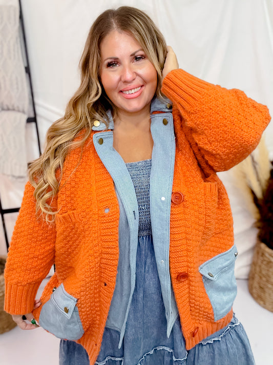 Chunky Sweater Cardigan Coat with Denim Collar and Pockets