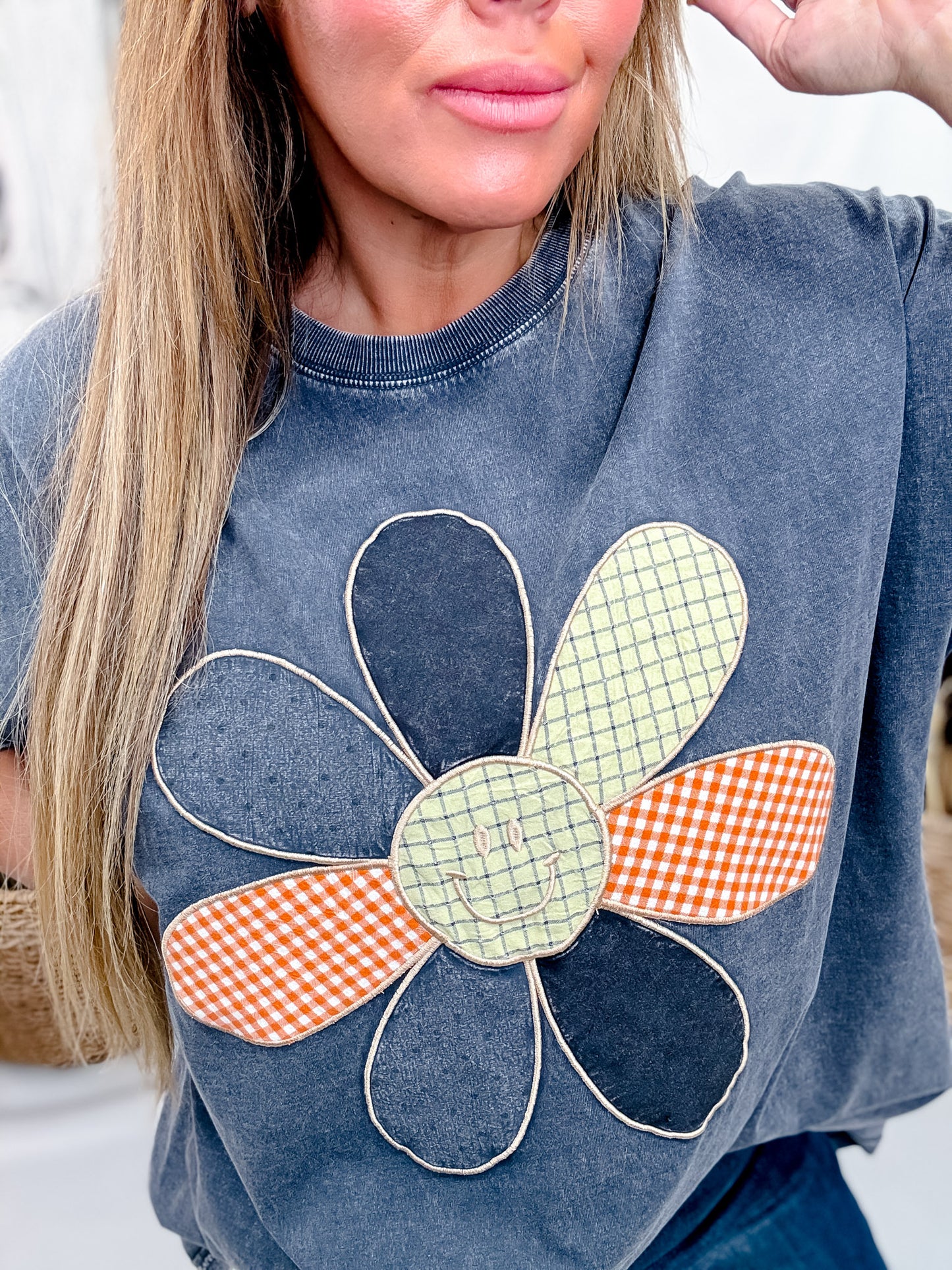 Ash Navy Mineral Washed Smiley Flower Patch Shirt