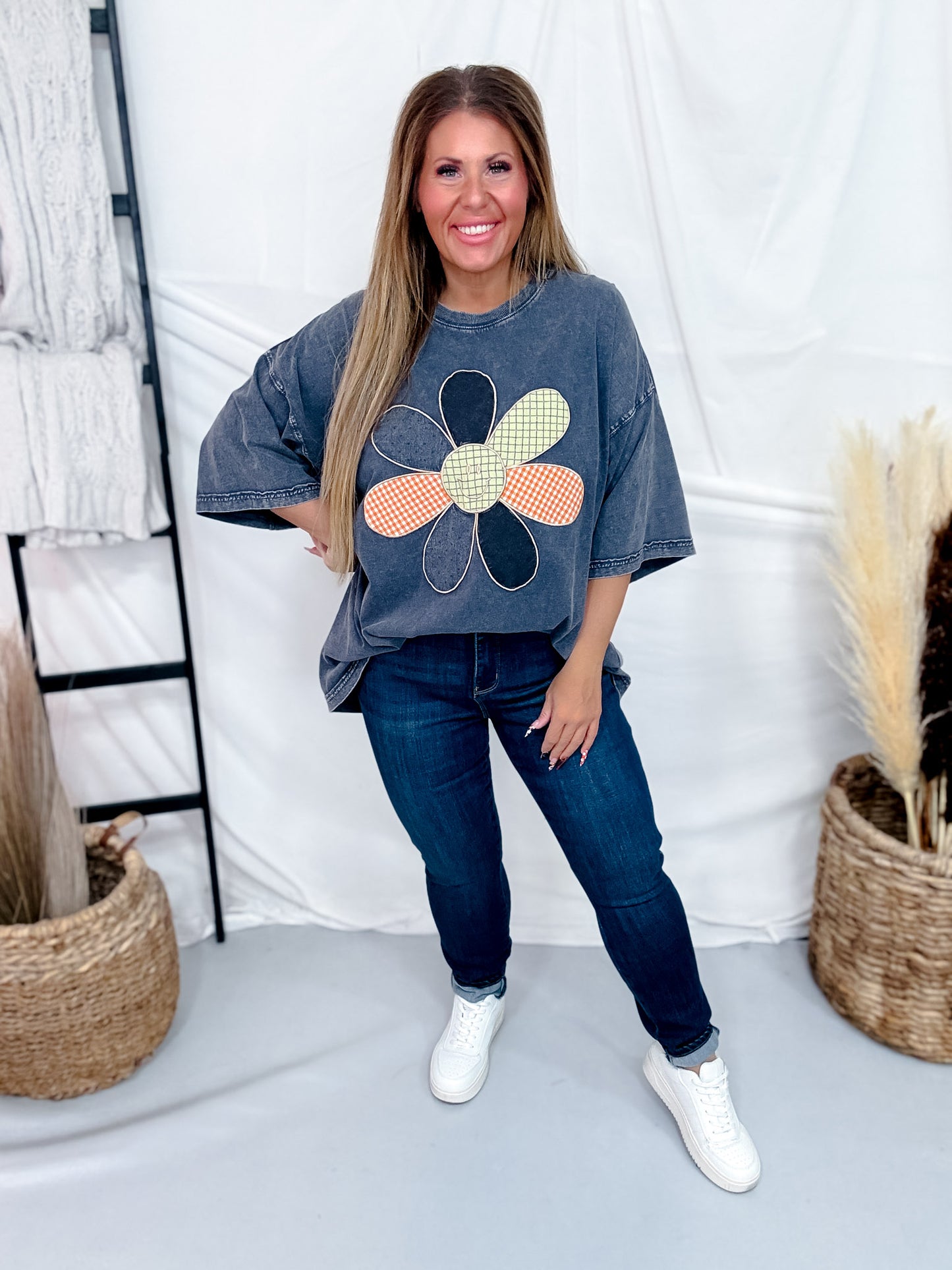 Ash Navy Mineral Washed Smiley Flower Patch Shirt