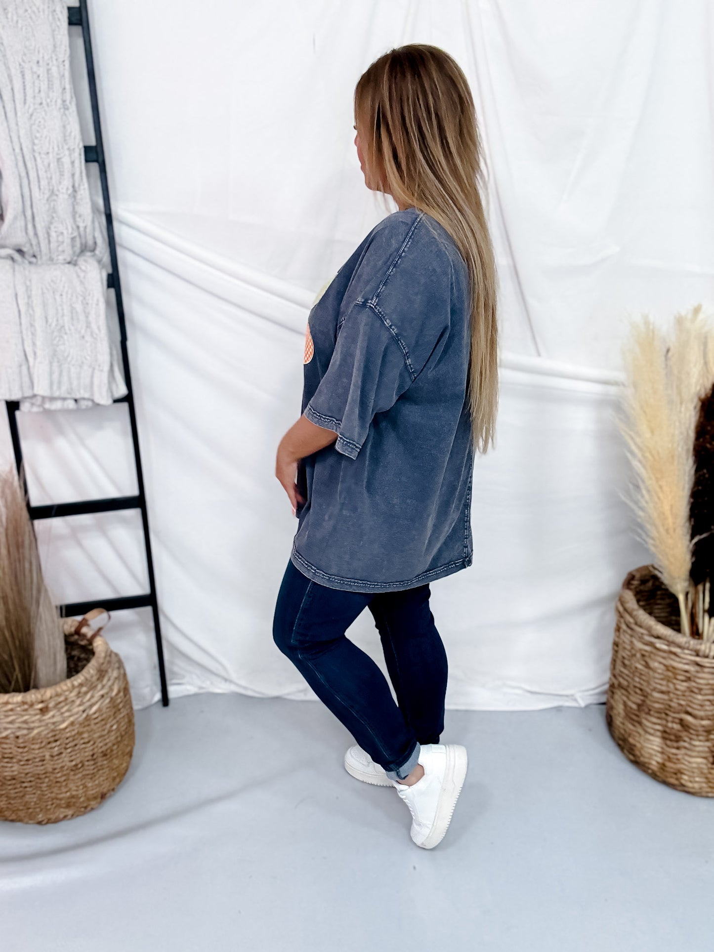 Ash Navy Mineral Washed Smiley Flower Patch Shirt