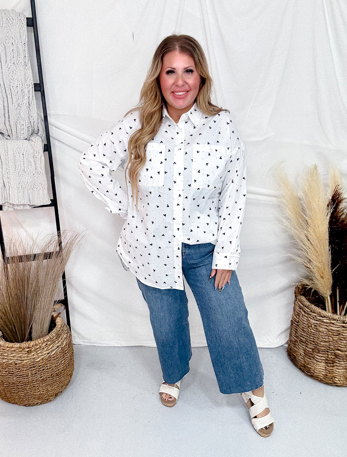 Black & White Button Front Top With Hearts & Polka Dots