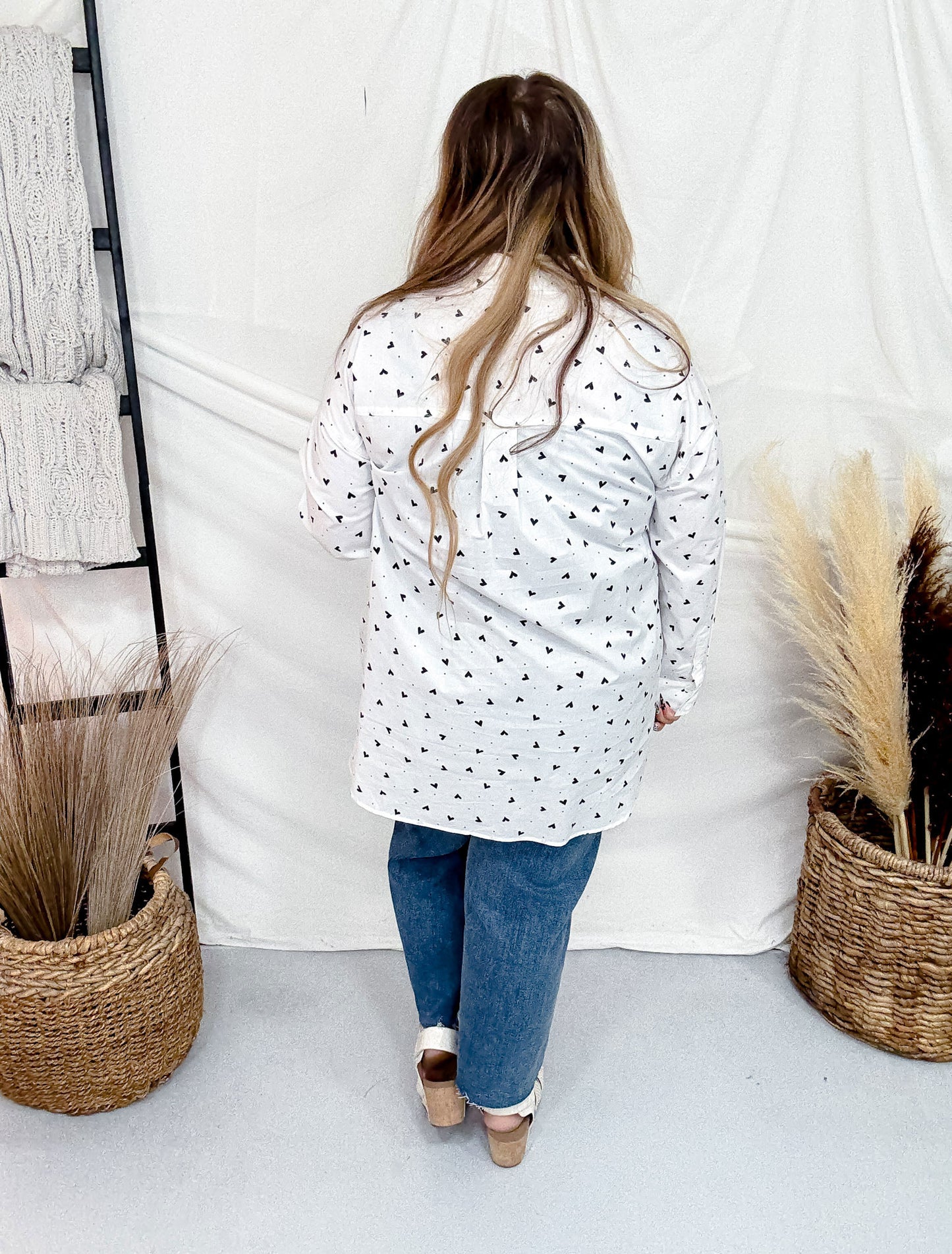 Black & White Button Front Top With Hearts & Polka Dots